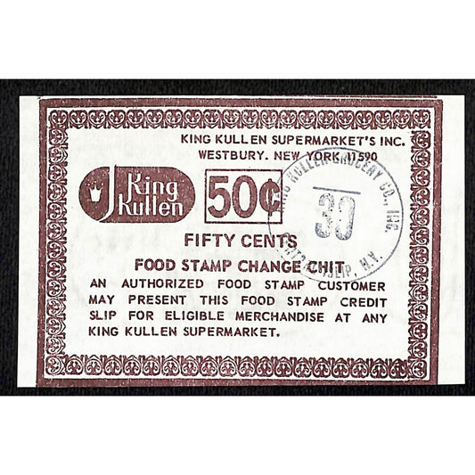King Kullen Central Islip, NY 50c "Food Stamp Change Chit" Coupon c1975-78 VGC