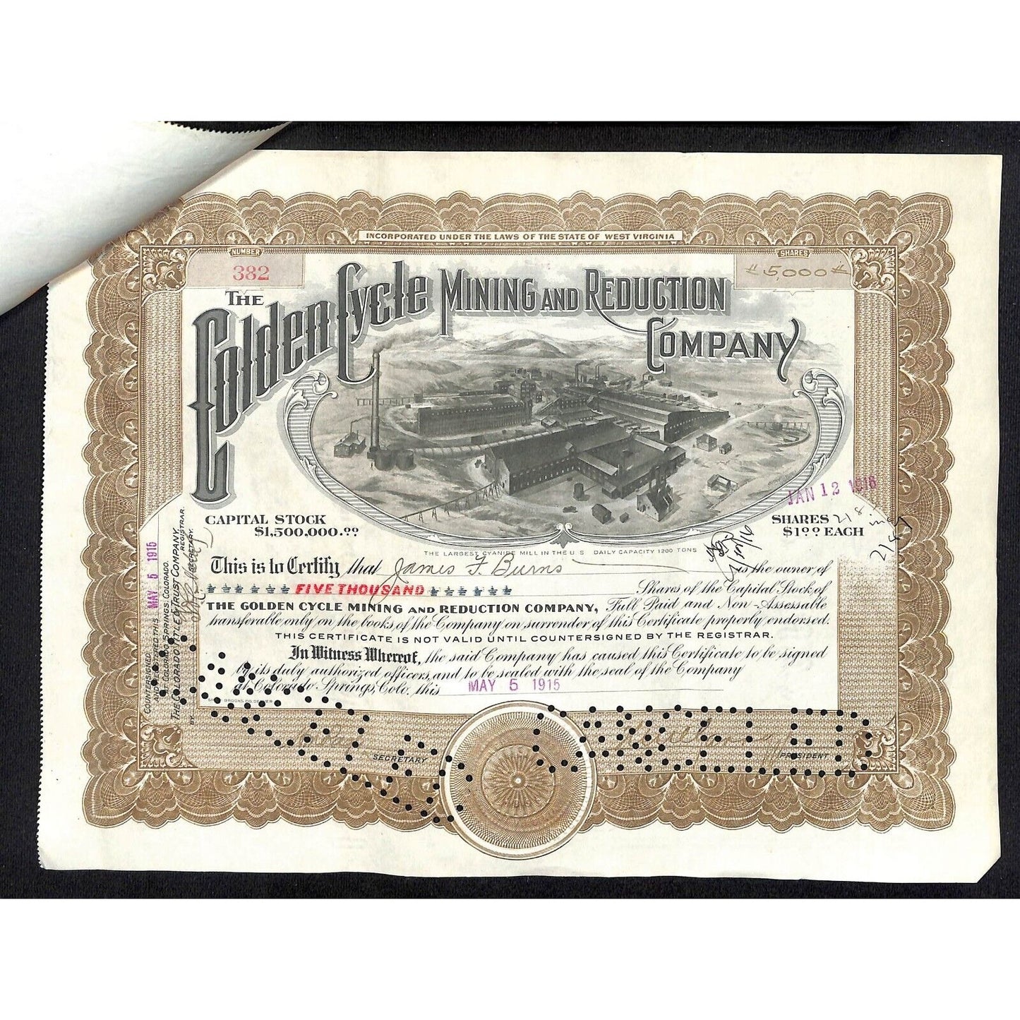 Golden Cycle Mining 1915 Stock Certificate w/ James F. Burns Sig. #382