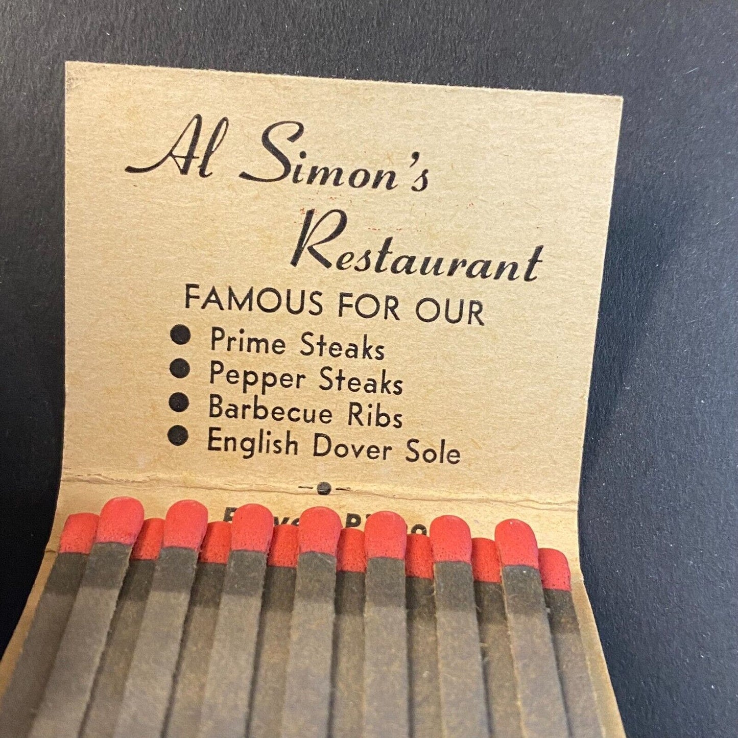 Al Simon's Restaurant Ontario Street Chicago c1974-79 Full Matchbook VGC