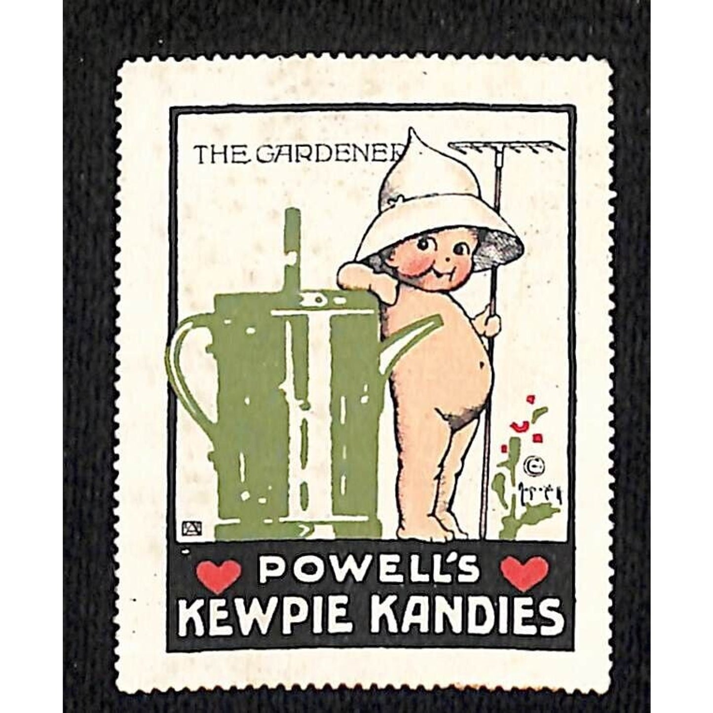 Powell's Kewpie Kandies "The Gardener" Poster / Cinderella Stamp (#2) c1915