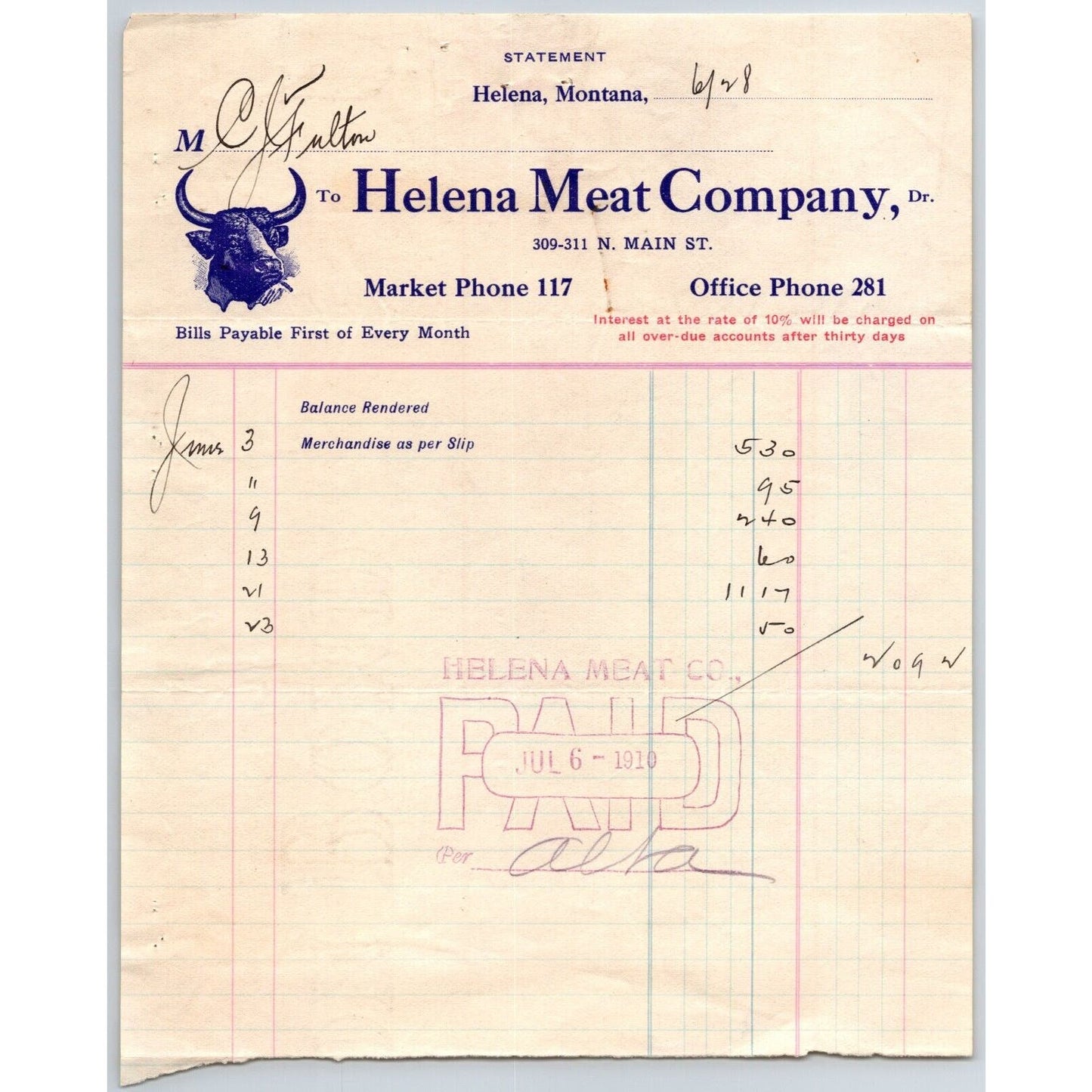Helena, MT Helena Meat Market 1910 Billhead w/ Steer Head Vignette