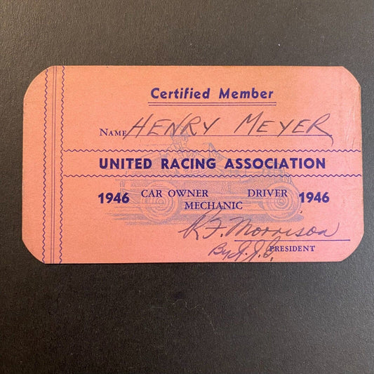 1946 United Racing Ass'n Mechanic Membership Card "Charles Henry Meyer"