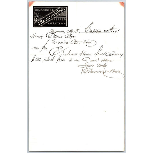 J. Basinski & Bros. Bozeman, MT (Dry Goods) 9/24 1881 Letterhead Henry Elling*