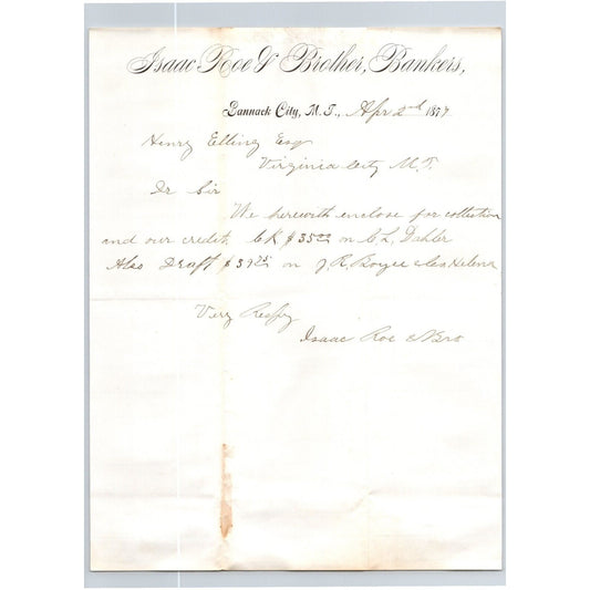 Isaac Roe & Brother Bankers Bannack City, MT 1877 ALS Letterhead Henry Elling*