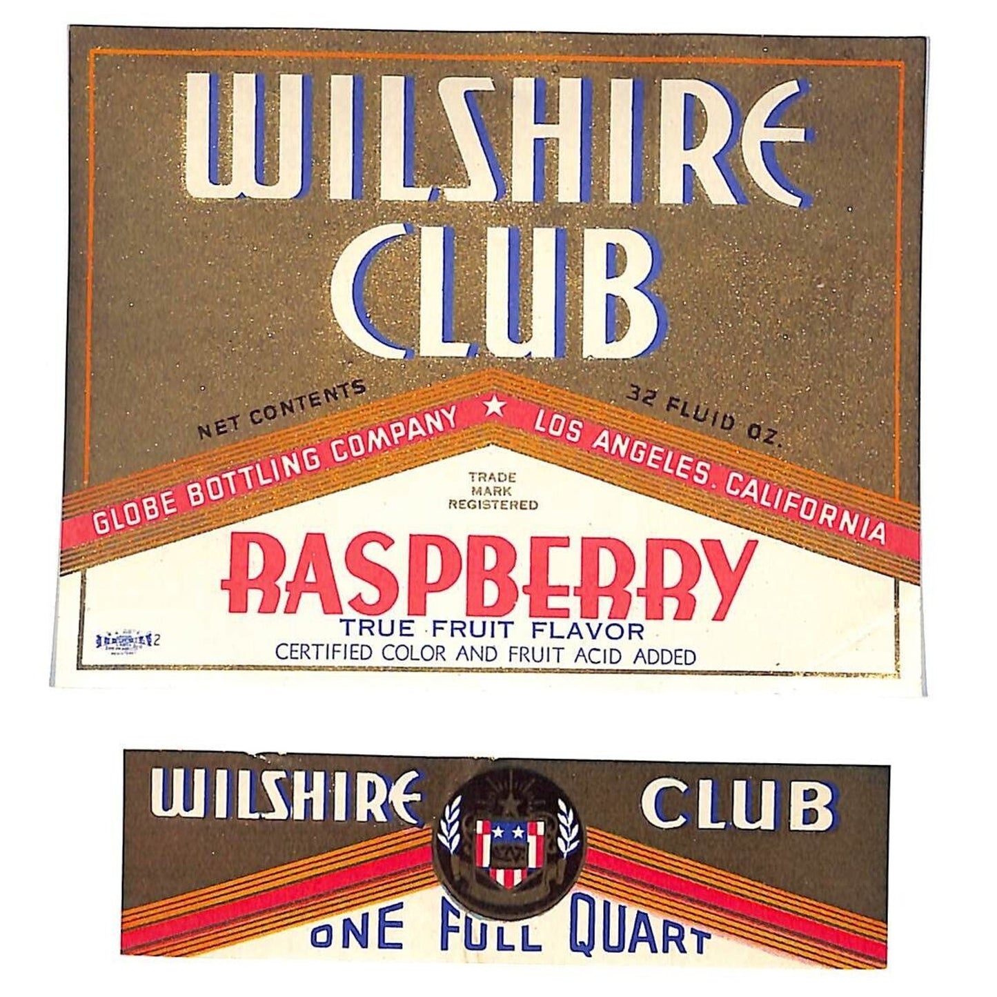 Wilshire Club Raspberry Globe Bottling LA, CA Bottle Label Set c1935-45