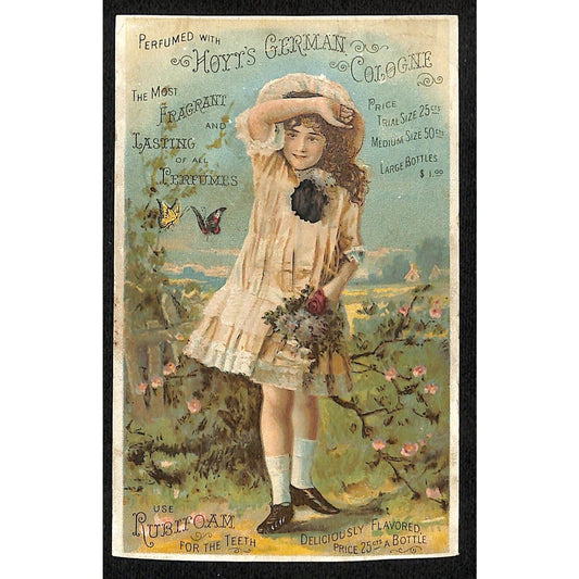 Hoyt's German Cologne Girl w/ Rose Butterfly Victorian Trade Card