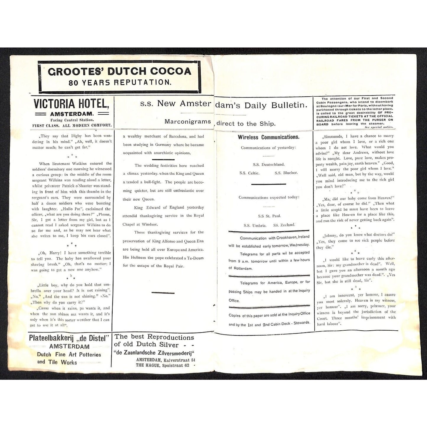 Holland American Line S.S. New Amsterdam Jun 5th 1906 Daily Bulletin 12pp Scarce
