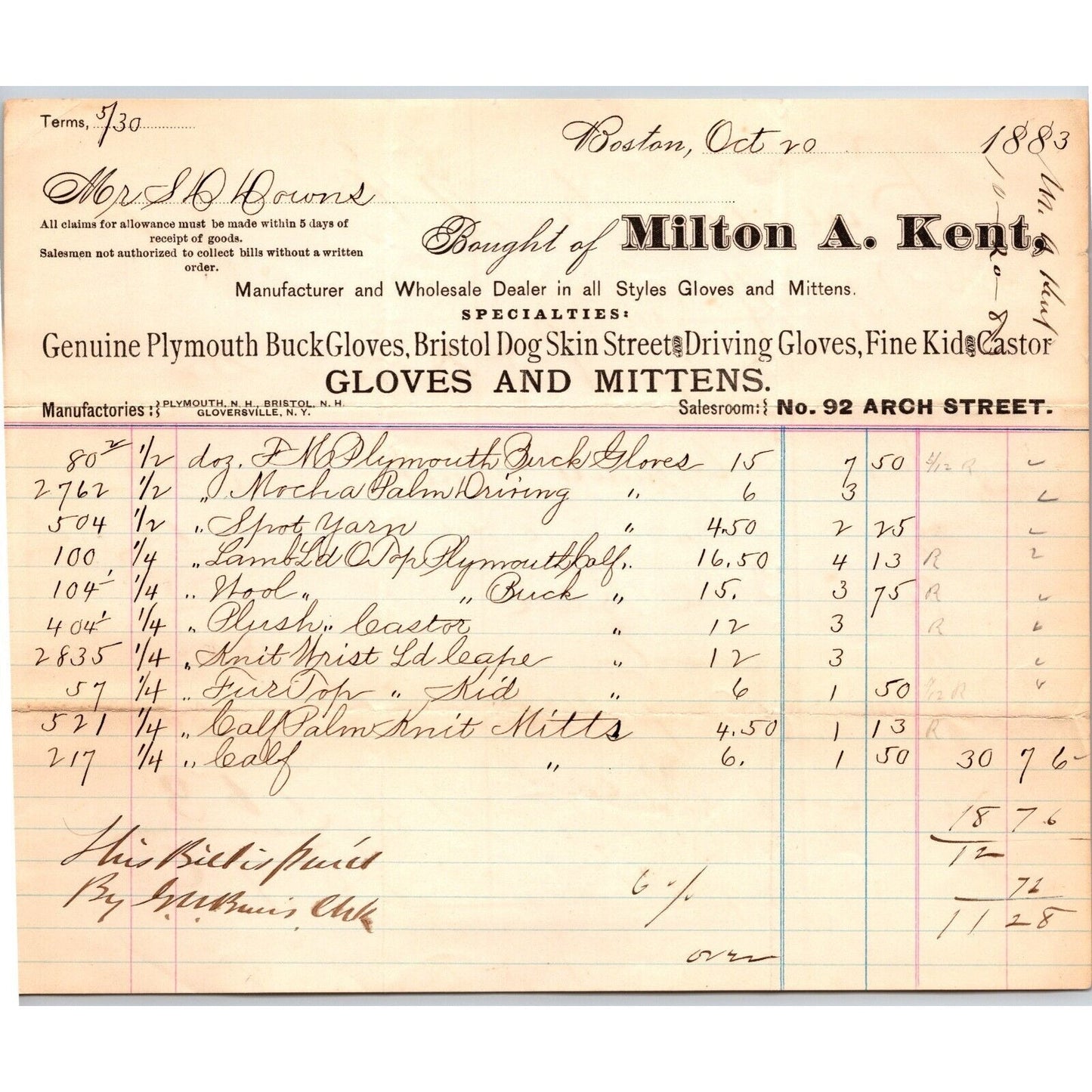 Milton A. Kent Gloves and Mittens Arch St. Boston 1883 Billhead