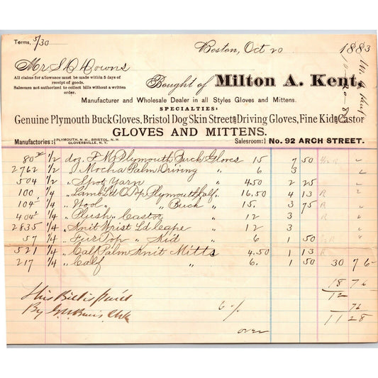 Milton A. Kent Gloves and Mittens Arch St. Boston 1883 Billhead