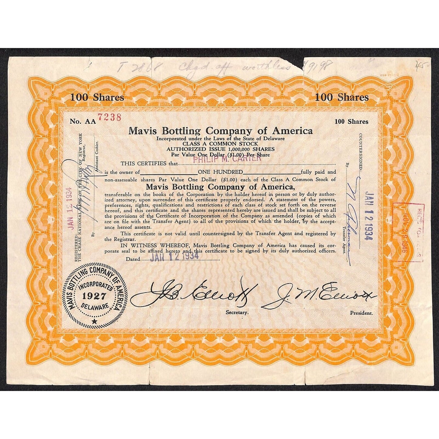 Mavis Bottling Co. of America - Pepsi* 1934 Stock Certificate Philip M. Carter