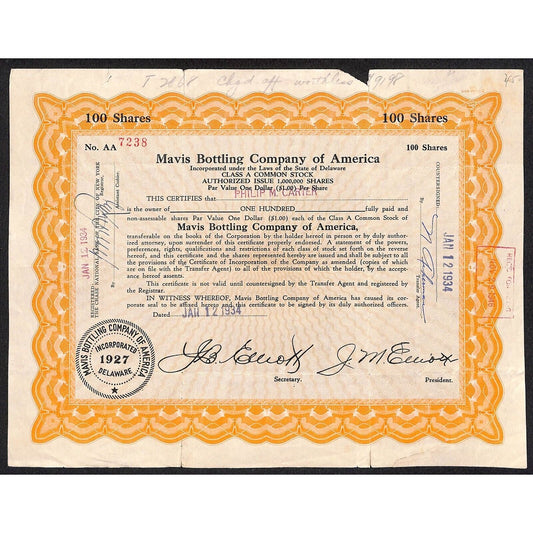 Mavis Bottling Co. of America - Pepsi* 1934 Stock Certificate Philip M. Carter