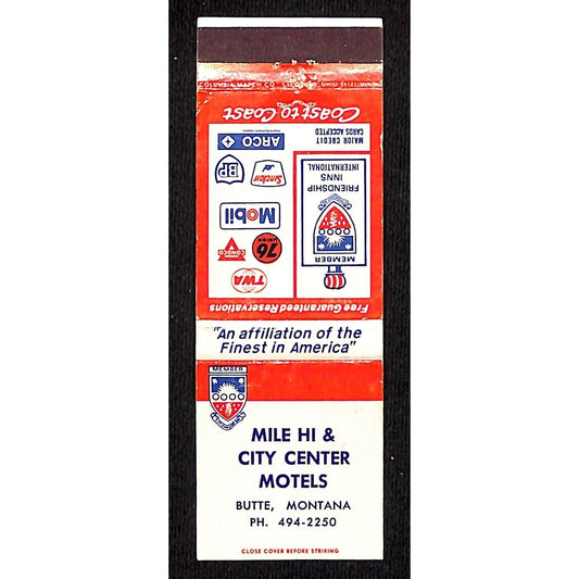 Butte, MT Matchbook Cover Mile Hi & City Center Motels Sinclair c1960's-73