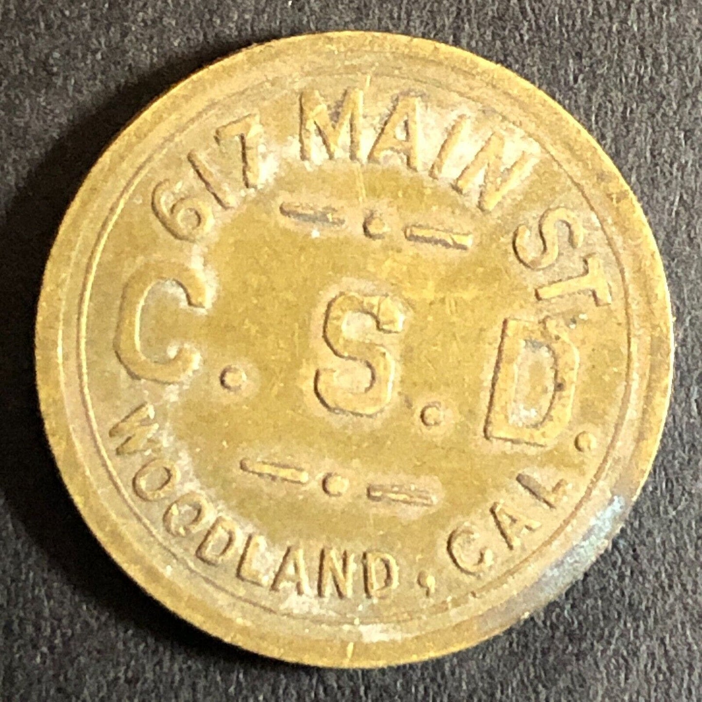 C.S.D. Charles Dunlap Cigars Woodland CA Brass Trade Token G/F 5c c1920's - 21mm