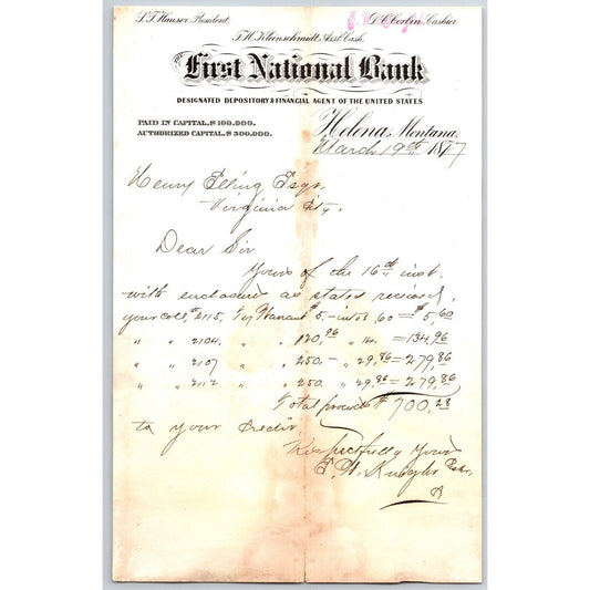 First National Bank Helena, MT 3/19 1877 Payment Advice Henry Elling*