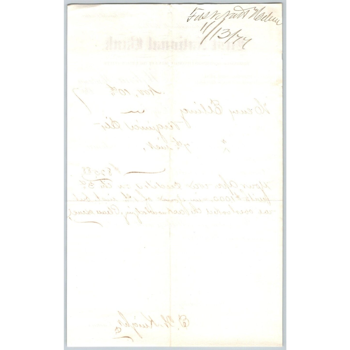 First National Bank Helena, MT 11/10 1877 Payment Advice Henry Elling*