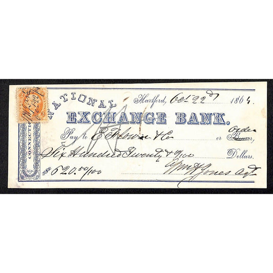 National Exchange Bank Hartford, CT 1865 $620 E. Flower & Co. Bank Check