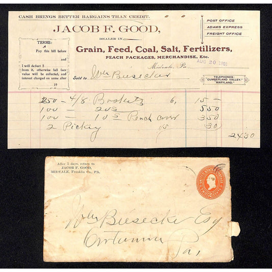 1901 Jacob F. Good Midvale, PA Feed Grain Coal Peaches Billhead + Cover