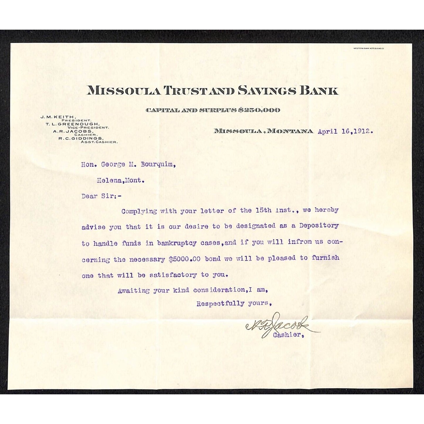 1912 Missoula Trust and Savings Bank Montana TLS re: $5,000 Bankruptcy Bond