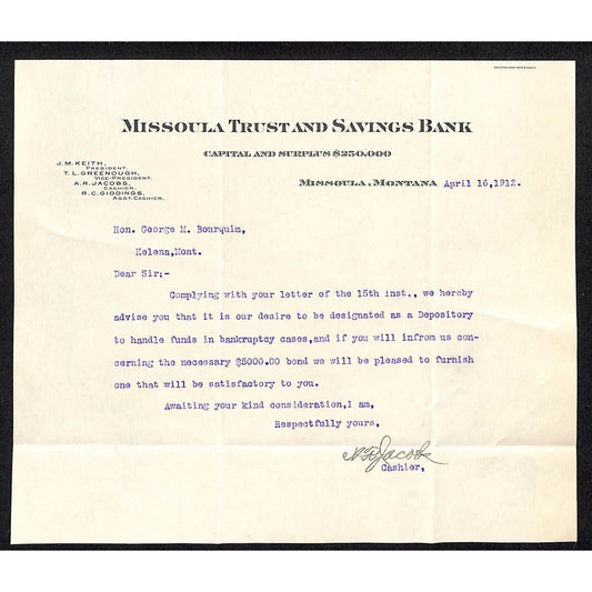 1912 Missoula Trust and Savings Bank Montana TLS re: $5,000 Bankruptcy Bond