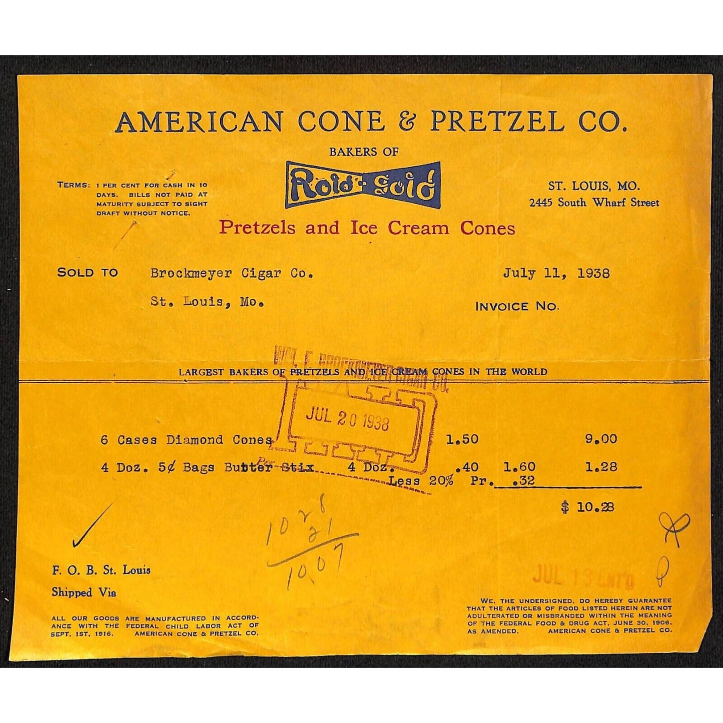 St. Louis, MO American Cone & Pretzel Rold Gold 7/11 1938 Billhead