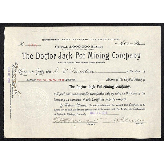 Doctor Jack Pot Mining 1918 Cripple Stock Certificate w/ A.E. Carlton Sig. #3970