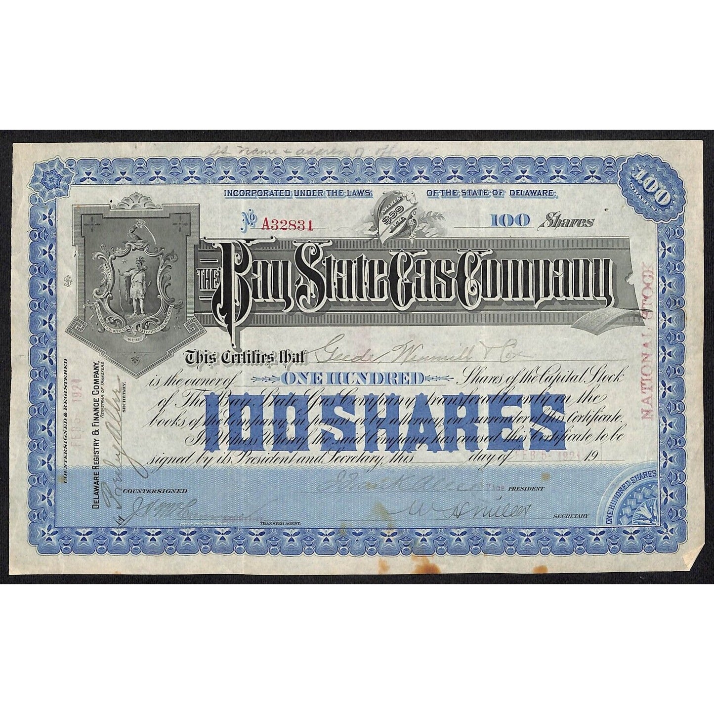 Bay State Gas Company Delaware 1921 Stock Certificate