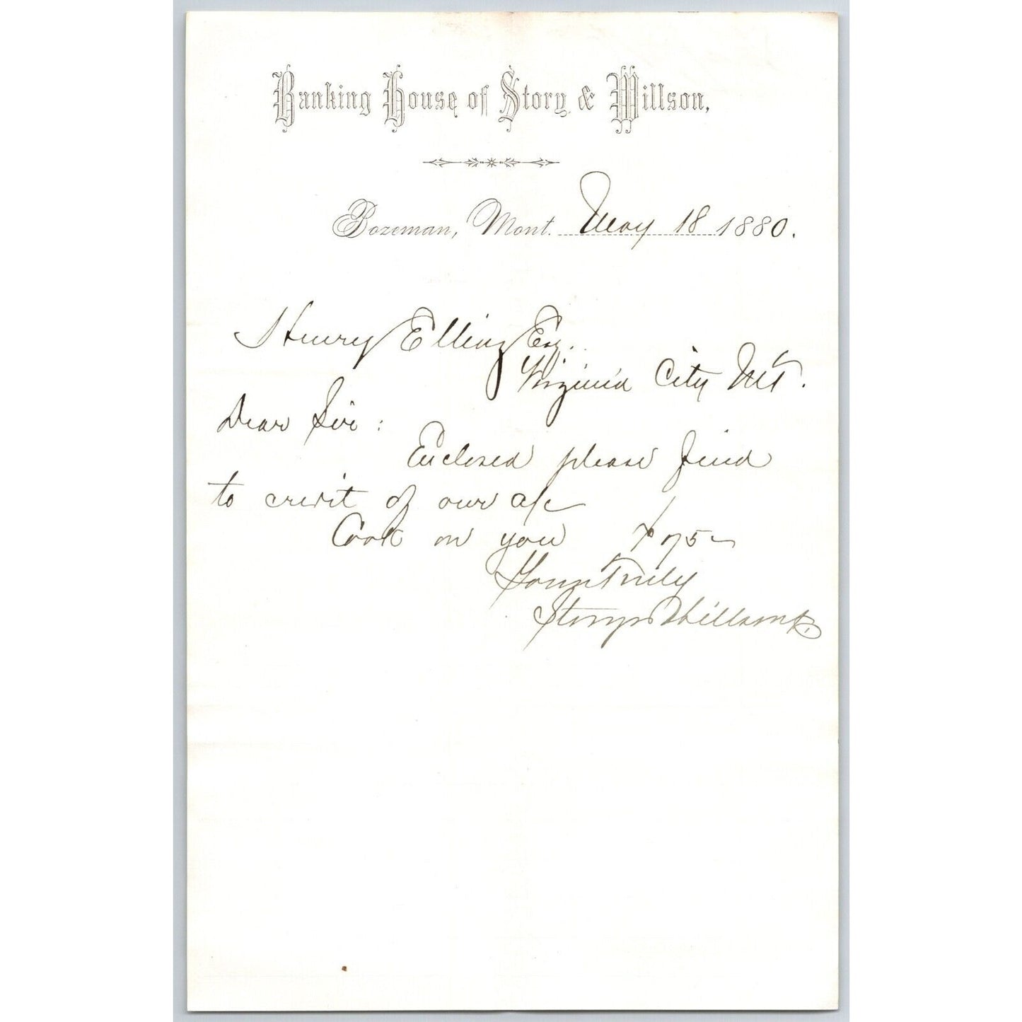 Banking House of Story & Nelson Bozeman, MT 5/18 1880 Letterhead Henry Elling*
