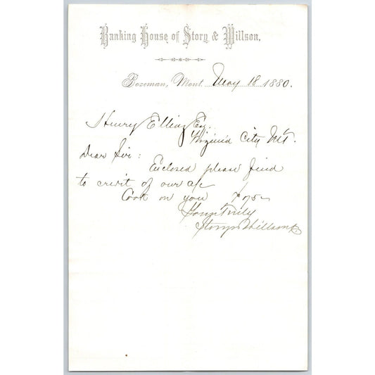 Banking House of Story & Nelson Bozeman, MT 5/18 1880 Letterhead Henry Elling*