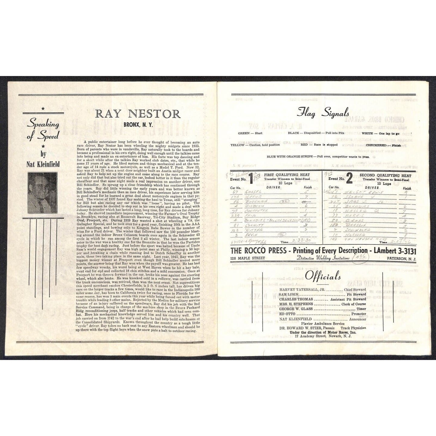 Hinchliffe Stadium Midget Auto Races 9/6/1946 Program Ray Nestor 4pp Scarce