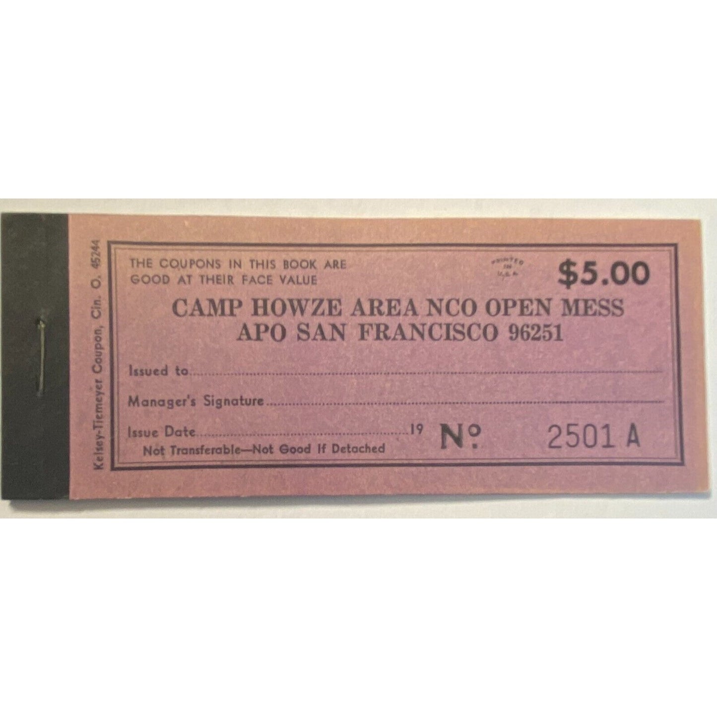 Korea Camp Howze Area NCO Open Mess Partial $5.00 Coupon Booklet #2501 VGC