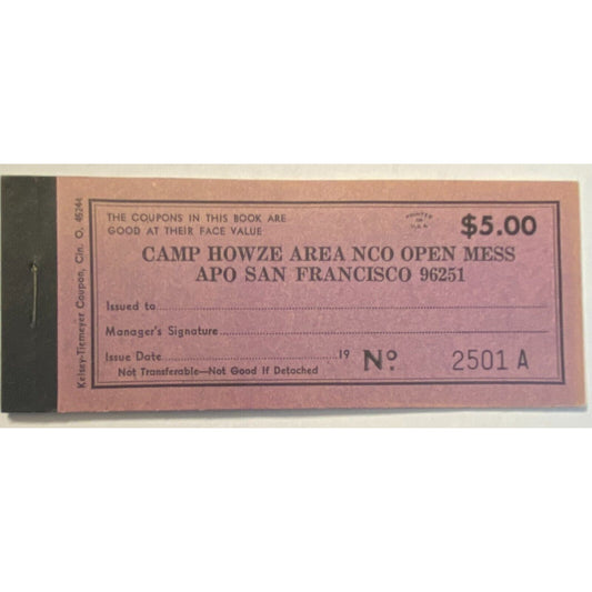Korea Camp Howze Area NCO Open Mess Partial $5.00 Coupon Booklet #2501 VGC