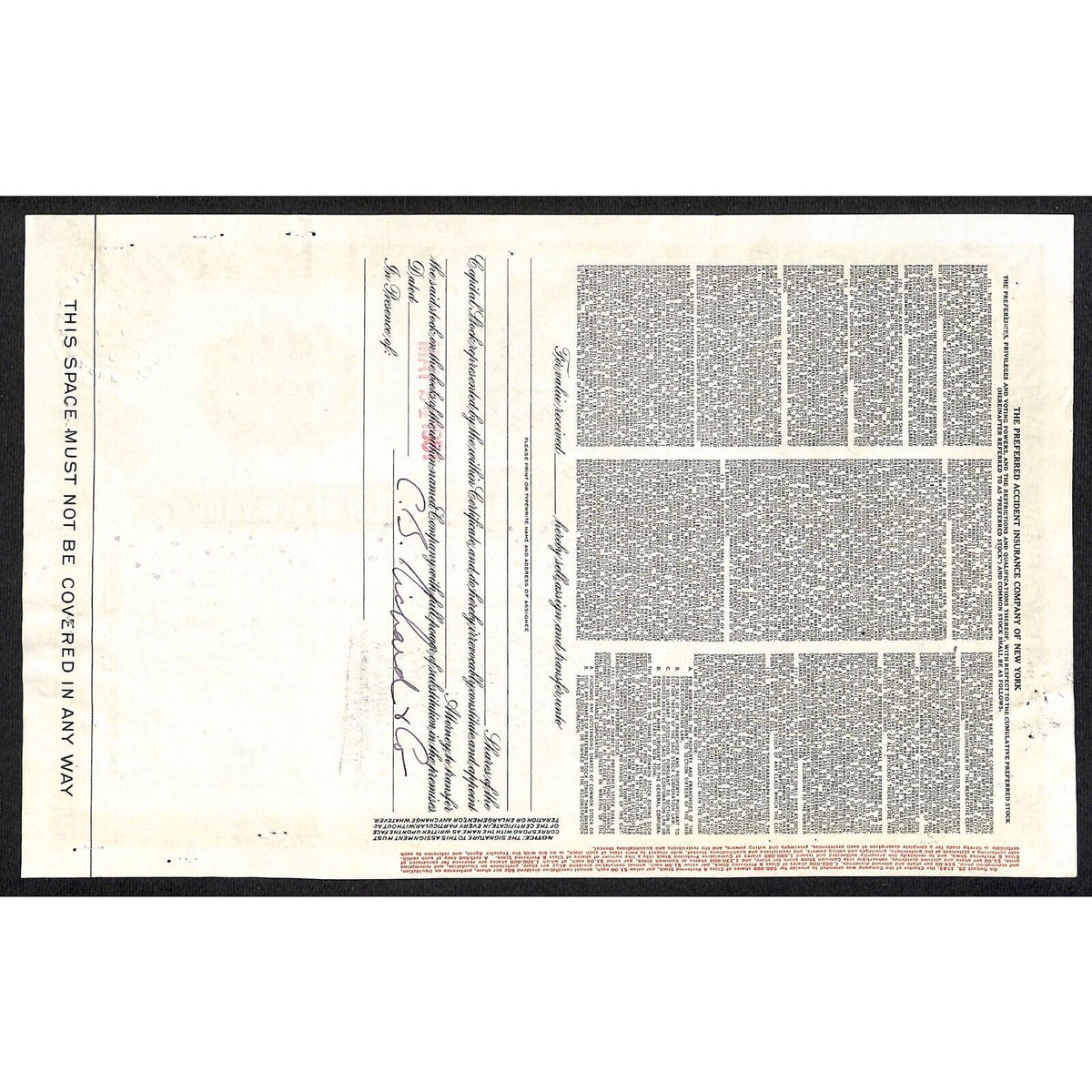 Preferred Accident Insurance Co. of New York 1951 Stock Certificate C.B. Richard