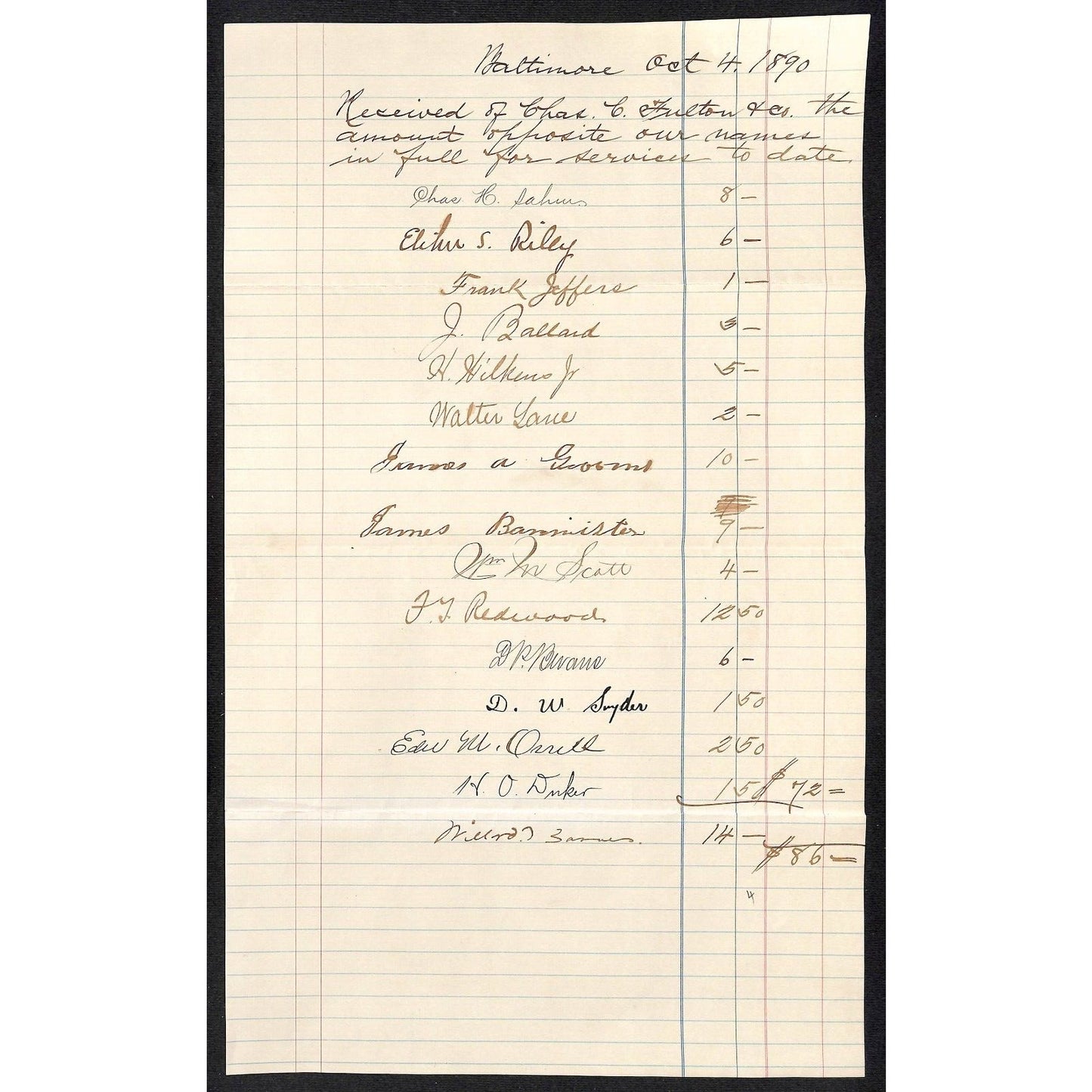 10 1884-85* Receipts for "The American, Balto" Newspaper (Baltimore American ?)