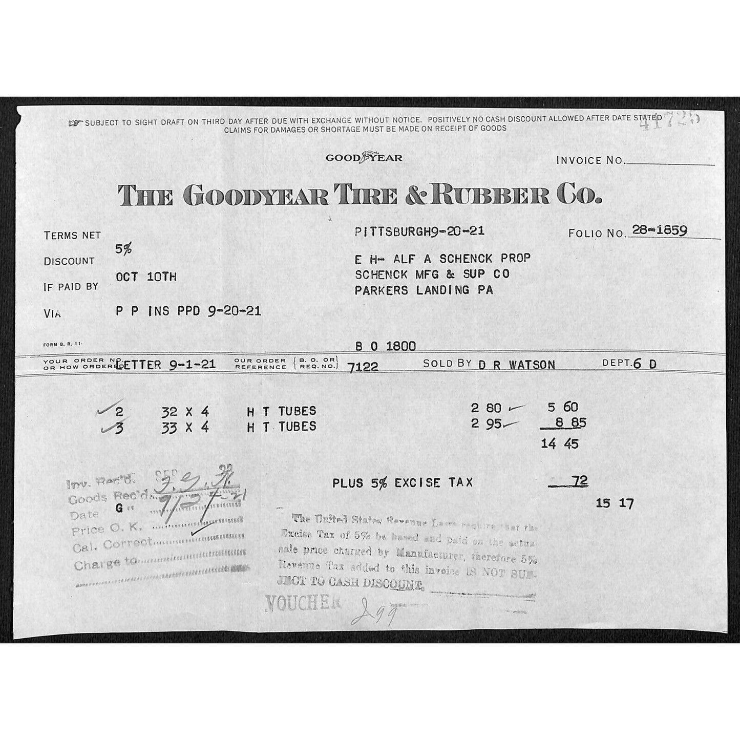 Goodyear Tire & Rubber Co Schenck Mfg Parkers Landing, PA 1921 Billhead