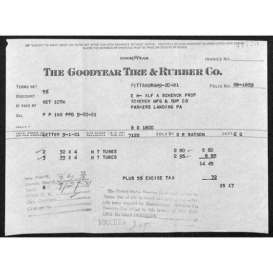 Goodyear Tire & Rubber Co Schenck Mfg Parkers Landing, PA 1921 Billhead
