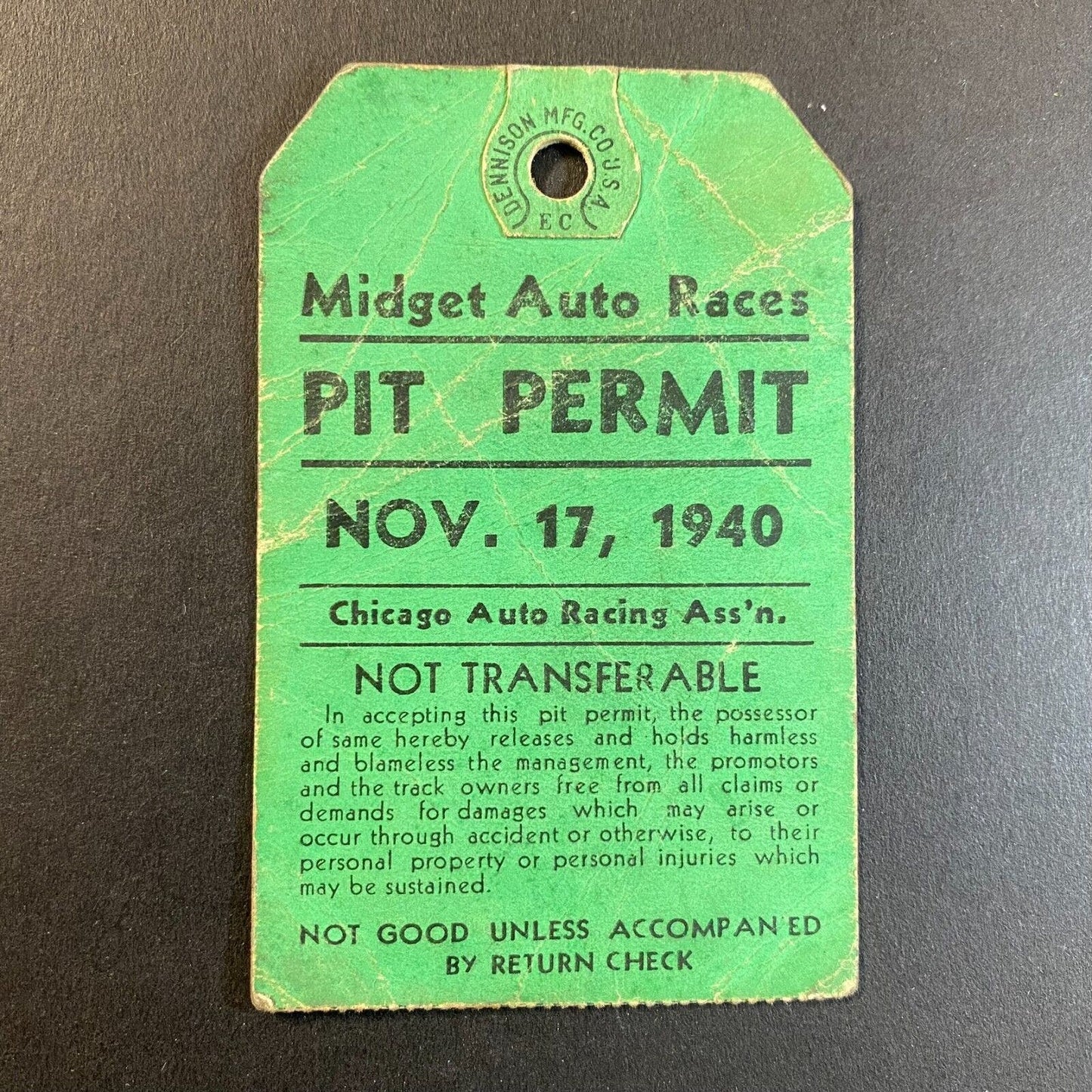 1940 Chicago Auto Racing Ass'n Midget Auto Races Pit Permit 11/17 1940 Scarce