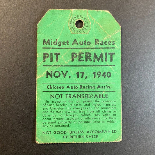 1940 Chicago Auto Racing Ass'n Midget Auto Races Pit Permit 11/17 1940 Scarce