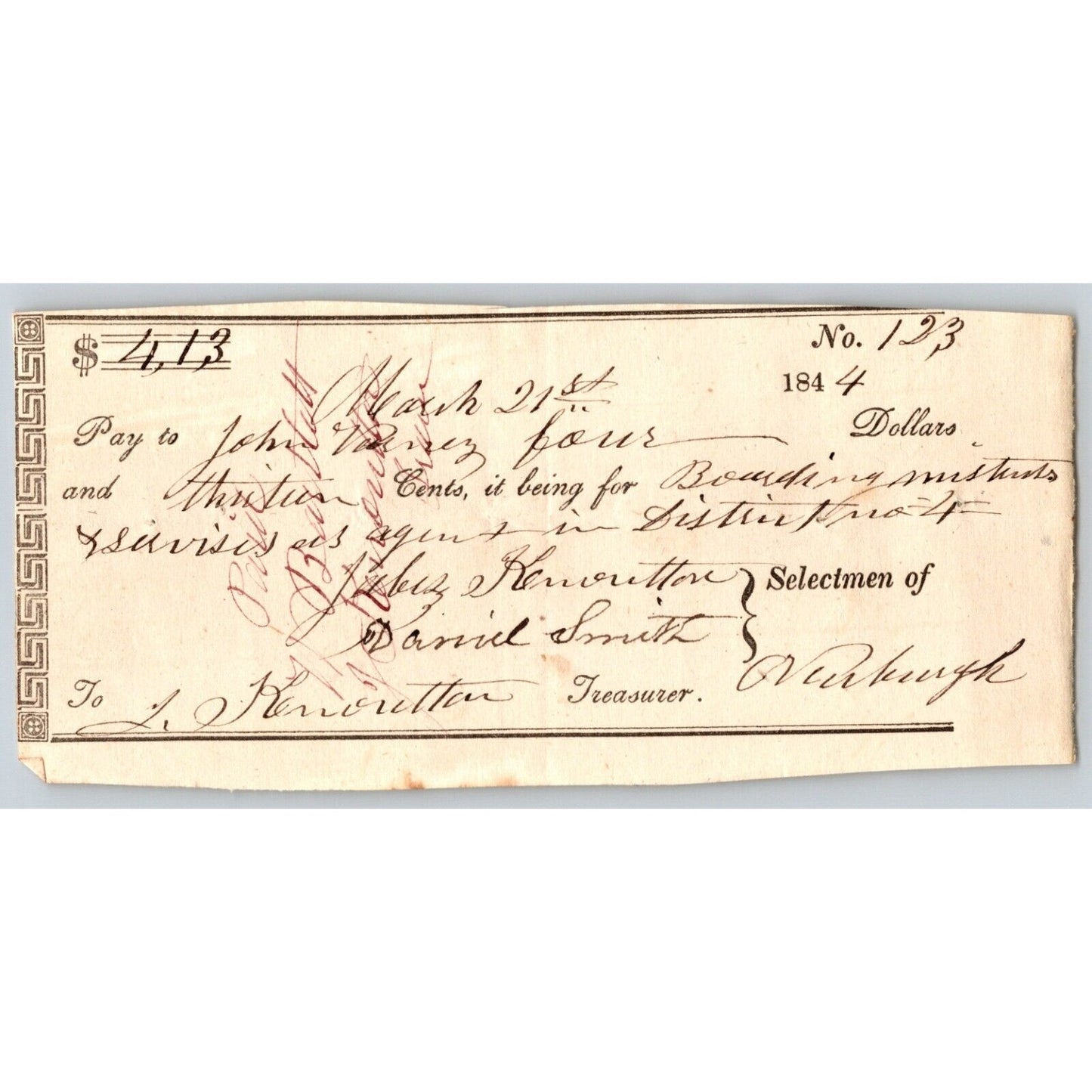 1844 Jabez Knowlton* Newburgh ME Town Check to John _? for Boarding and Services
