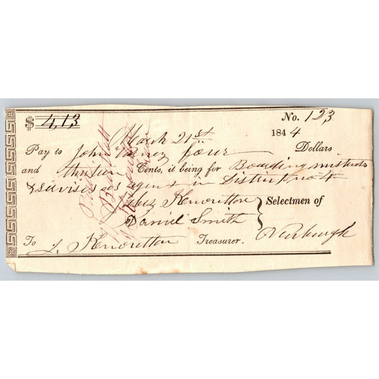 1844 Jabez Knowlton* Newburgh ME Town Check to John _? for Boarding and Services
