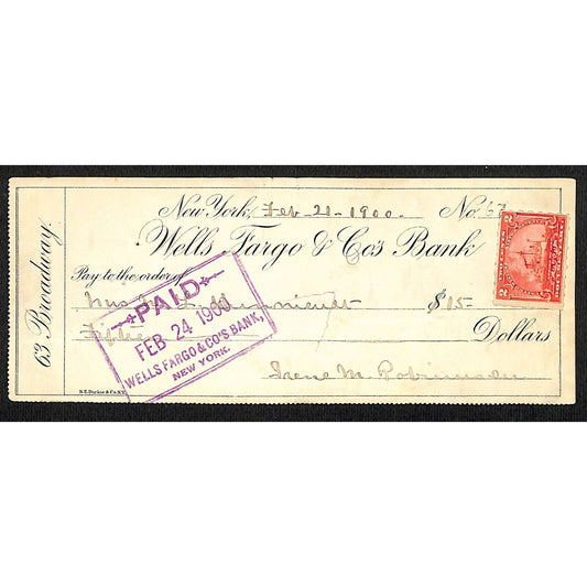 1900 Wells Fargo & Co Bank 63 Broadway NYC Check #67 w/ Rev Stamp L. Hunnicutt