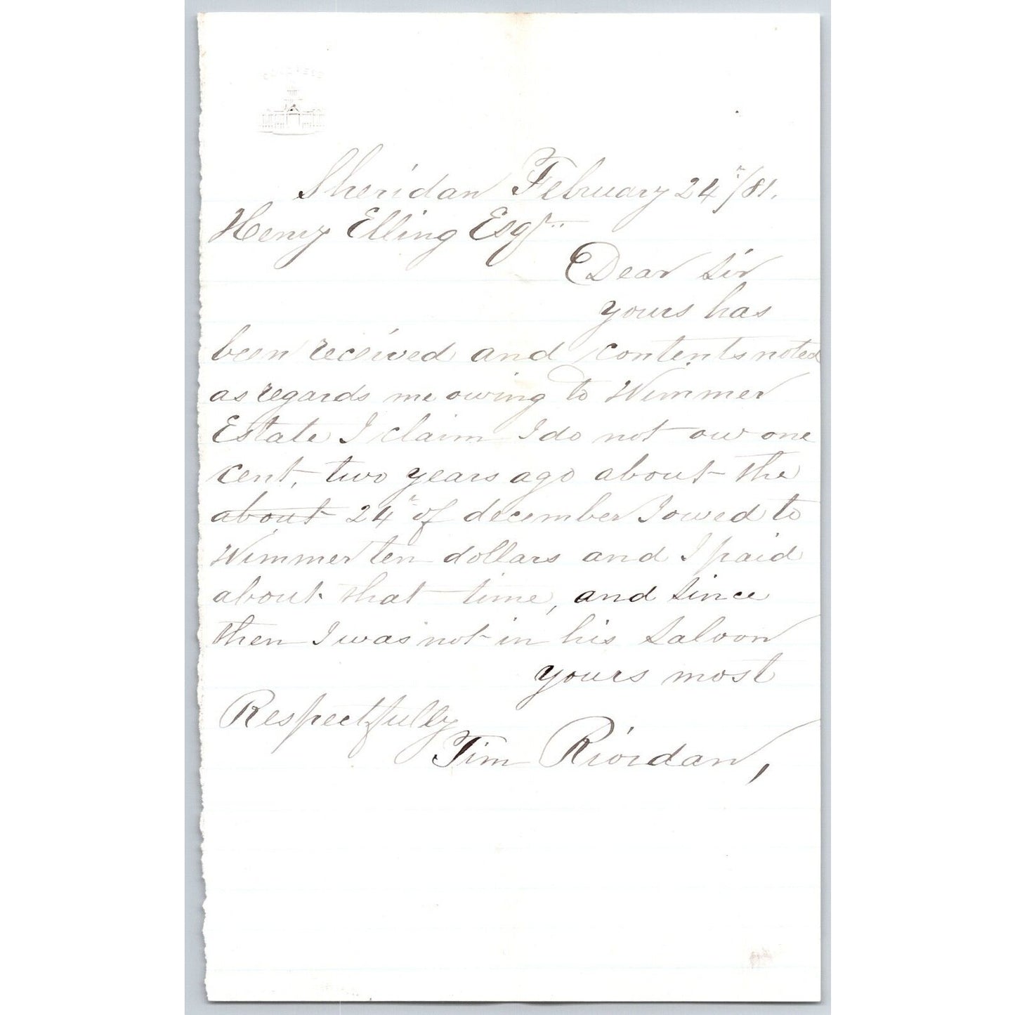 1881 Tim Riordan Sheridan, MT ALS to Henry Elling* Wimmer Estate "Don't Owe 1c"