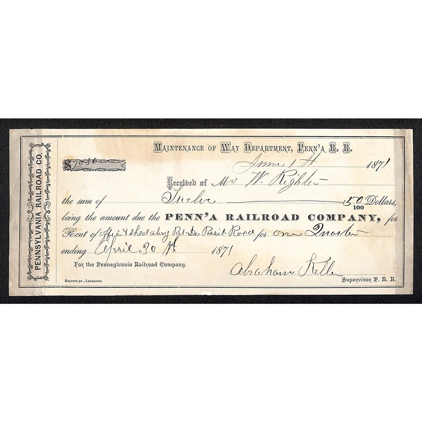 Pennsylvania Railroad 1871 Rent Receipt for Du Possit Rd ? Office + Shed"