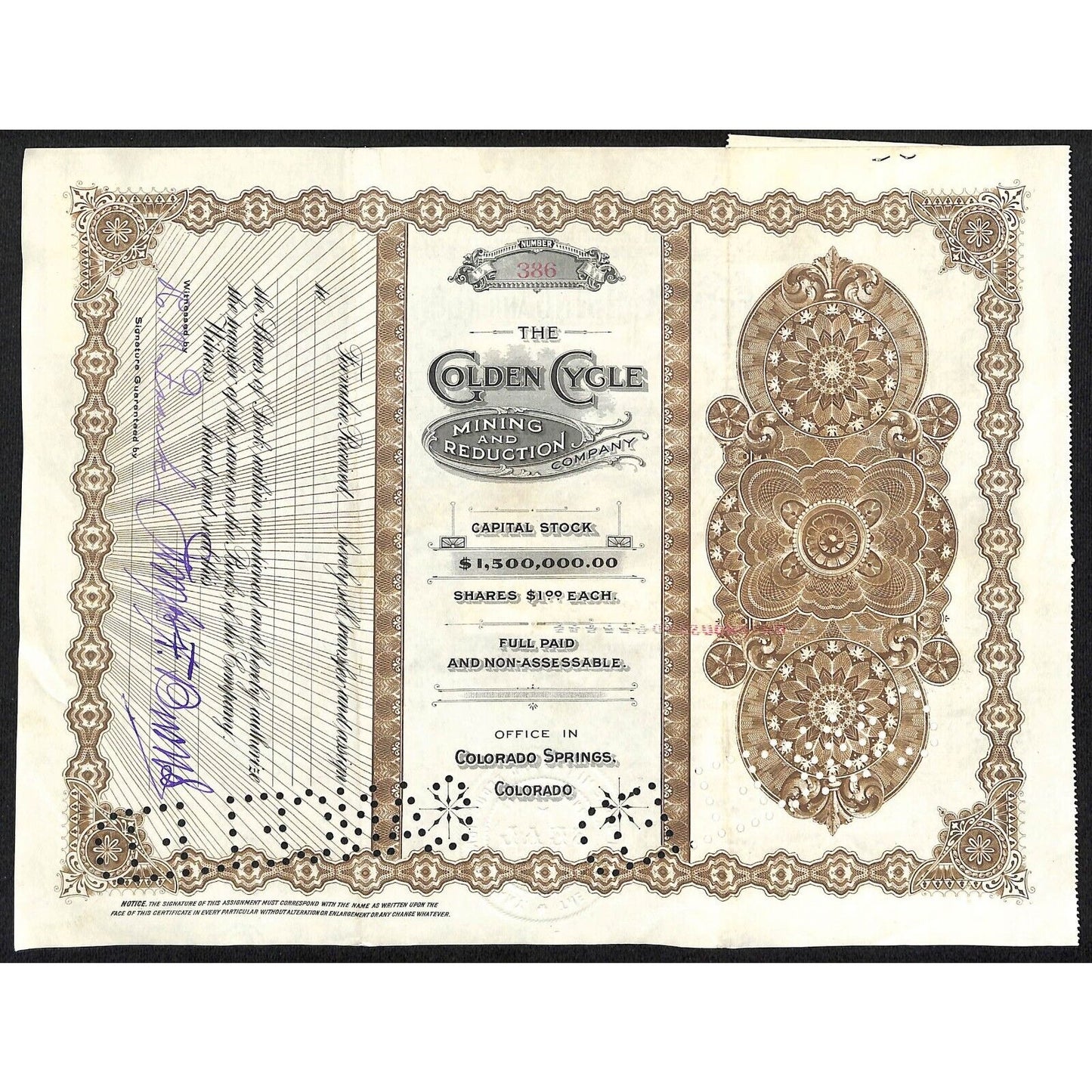 Golden Cycle Mining 1915 Stock Certificate w/ James F. Burns Sig. #386