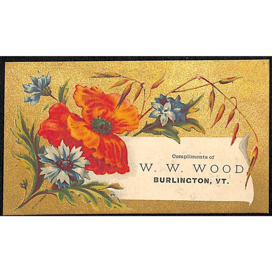 Burlington, VT W.W. Wood (Boots & Shoes) Victorian Trade Card VGC Red Flower