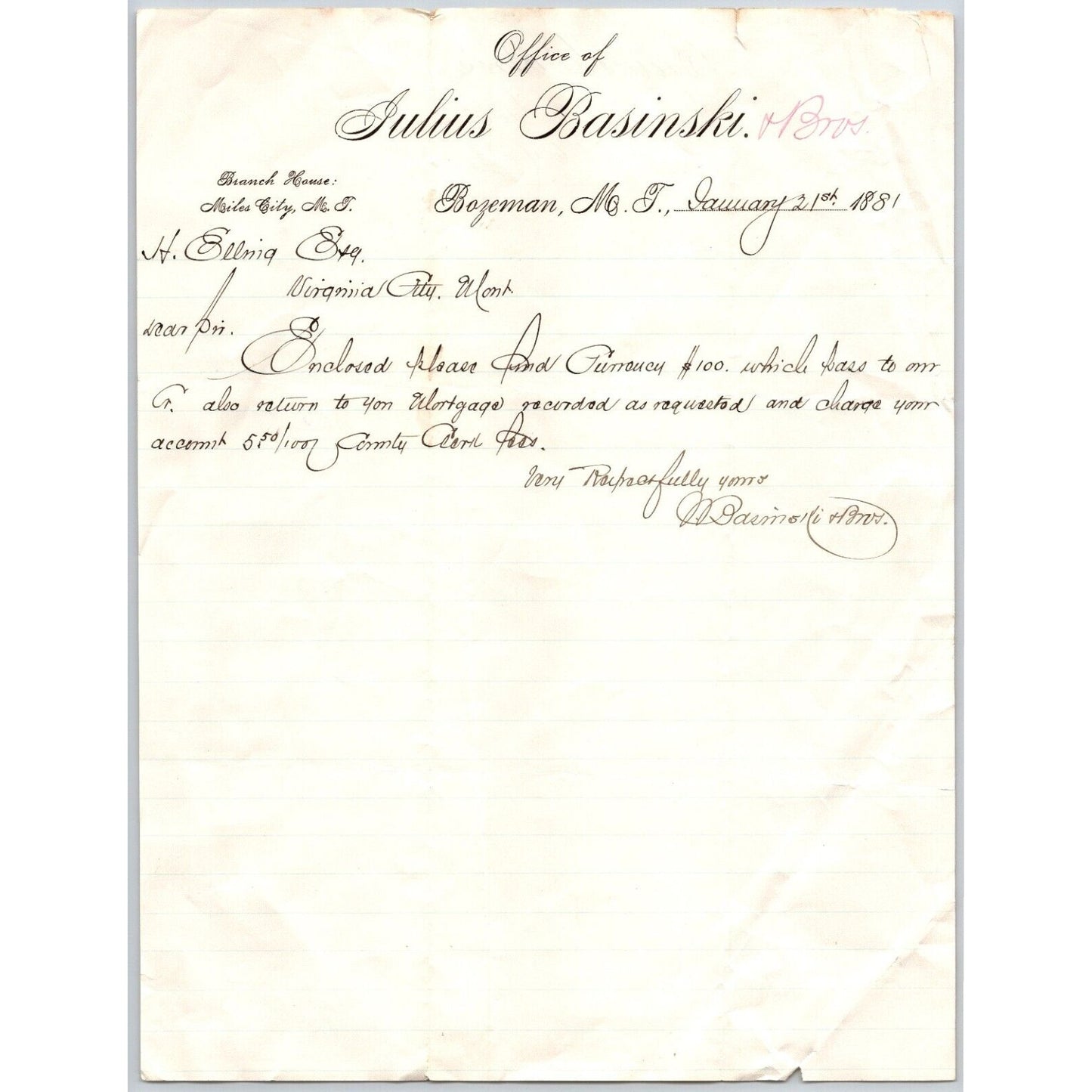 Julius Basinski - (Stationers) Bozeman, MT 1881 ALS Letterhead Henry Elling*