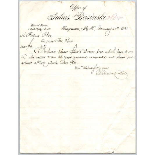 Julius Basinski - (Stationers) Bozeman, MT 1881 ALS Letterhead Henry Elling*