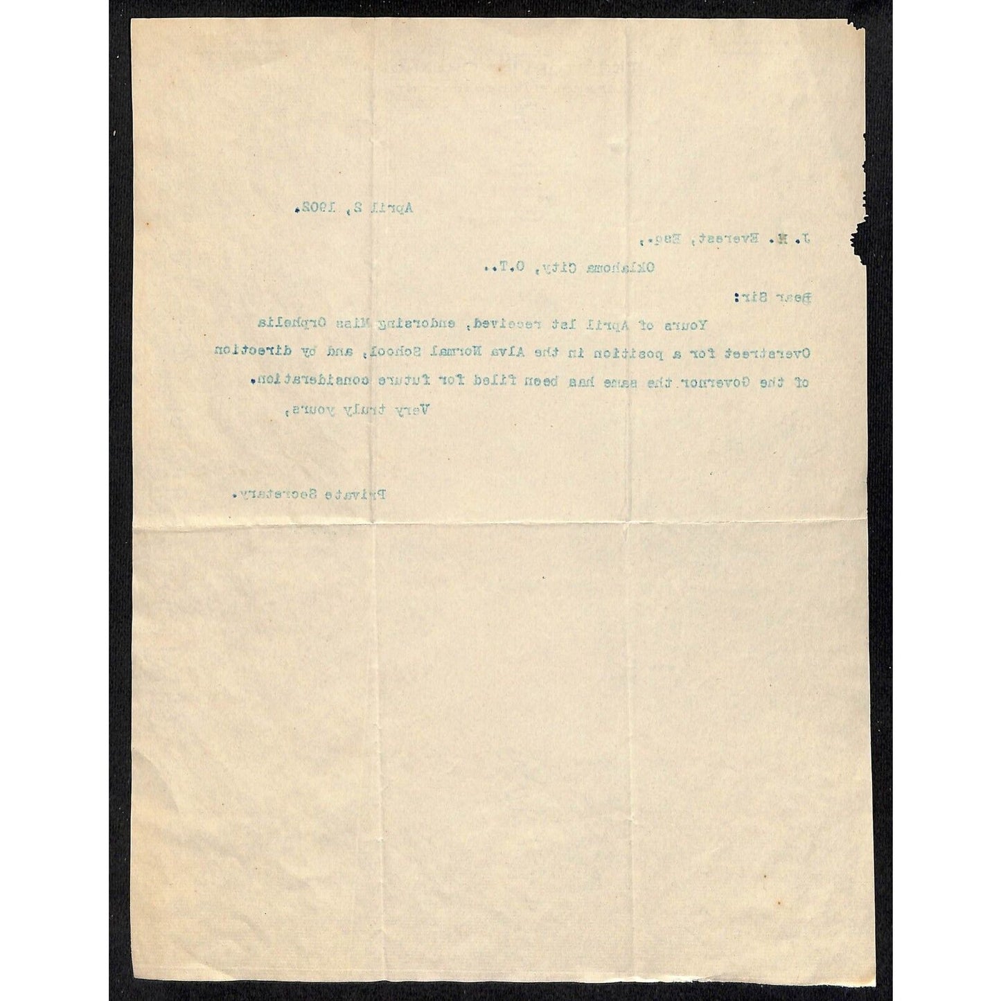 1902 Territory of Oklahoma Executive Department Guthrie TLS Letterhead Scarce