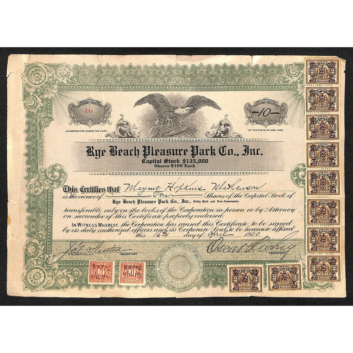 Rye Beach Pleasure Park Co New York 1922 Stock Certificate #10 Tax Stamps Scarce