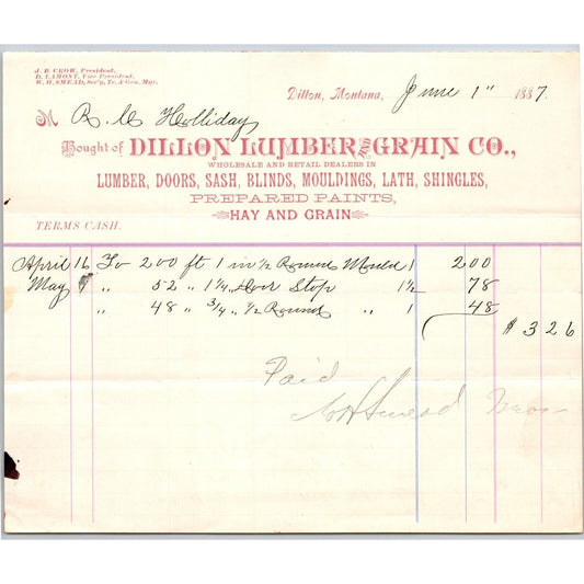 Dillon, MT Dillon Lumber & Grain Co. Doors Sash 1887 Billhead R.C. Halliday*