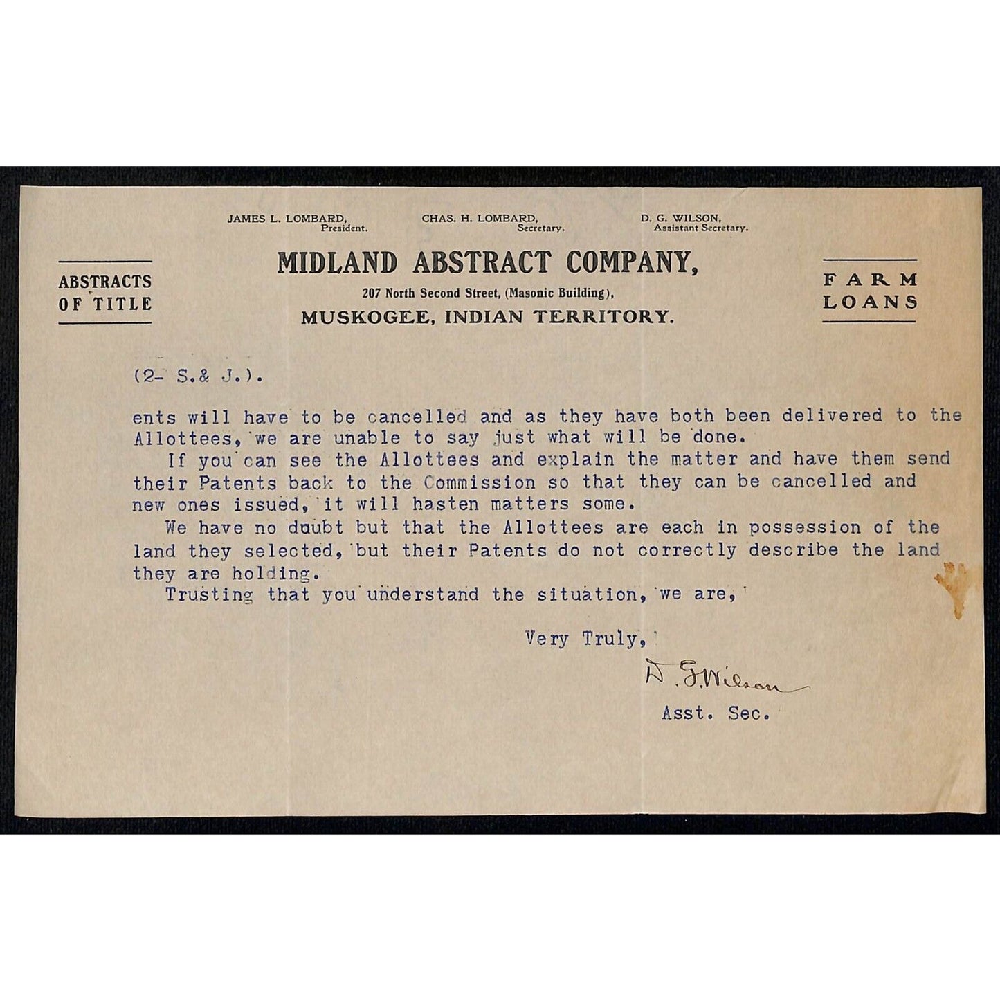 c1906 Midland Abstract Co. Muskogee OK Indian Territory Billhead